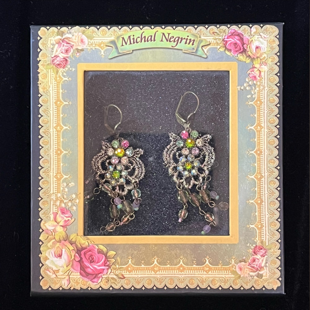 Vintage *Rare* Michal Negrin Multicolor Hanging Earrings, lace & crystal design
